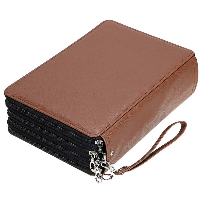 BTSKY 200 Slots Colored Pencil Organizer - Deluxe PU Leather Pencil Case Holder With Removal Handle Strap Pencil Box Large for Colored Pencils Watercolor Pencils Brown - Image 1